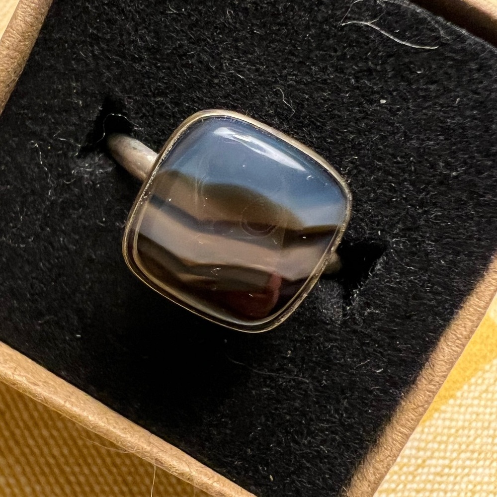 Brown Blue Black Striped Agate Cushion Cut Ring